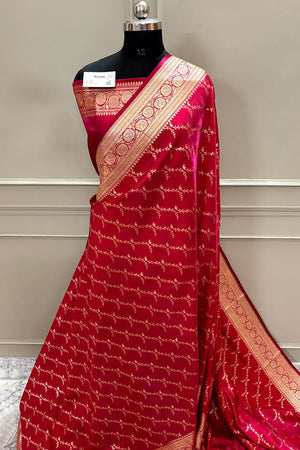 Pinkish Red Zari Katan Silk Banarasi Saree