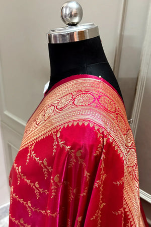 Pinkish Red Zari Katan Silk Banarasi Saree
