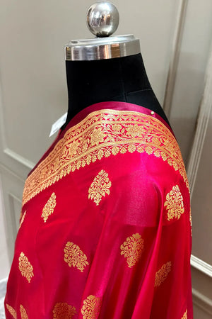 Pinkish Red Zari Katan Silk Banarasi Saree