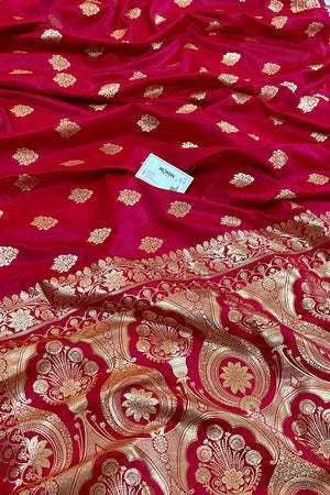 Pinkish Red Zari Katan Silk Banarasi Saree