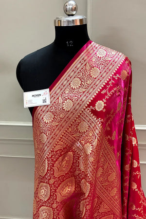 Pinkish Red Zari Katan Silk Banarasi Saree