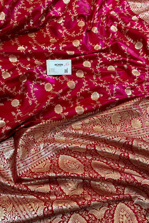 Pinkish Red Zari Katan Silk Banarasi Saree