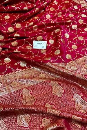 Pinkish Red Zari Katan Silk Banarasi Saree