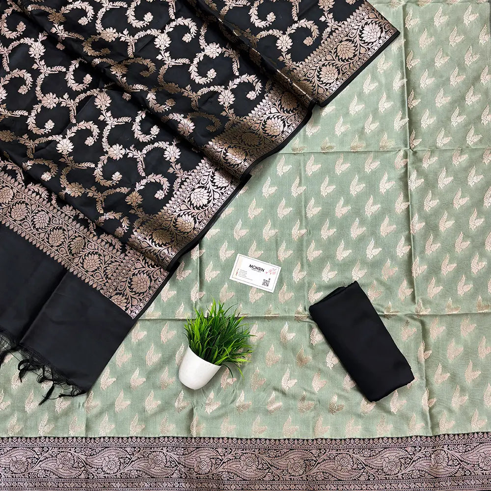 Pista and Black Semi Katan Silk Banarasi Suit