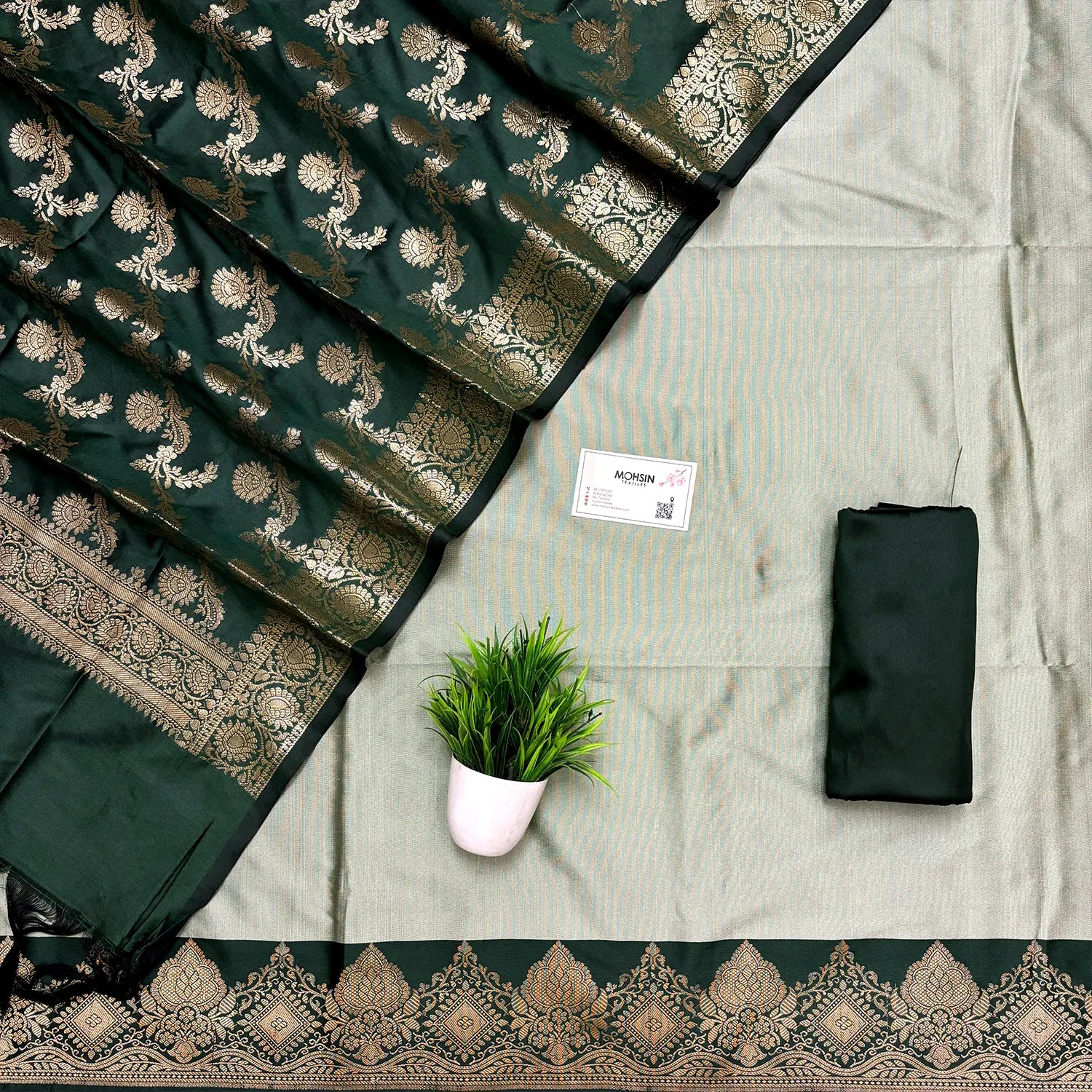 Pista and Bottle Green Plain Semi Katan Silk Banarasi Silk Suit