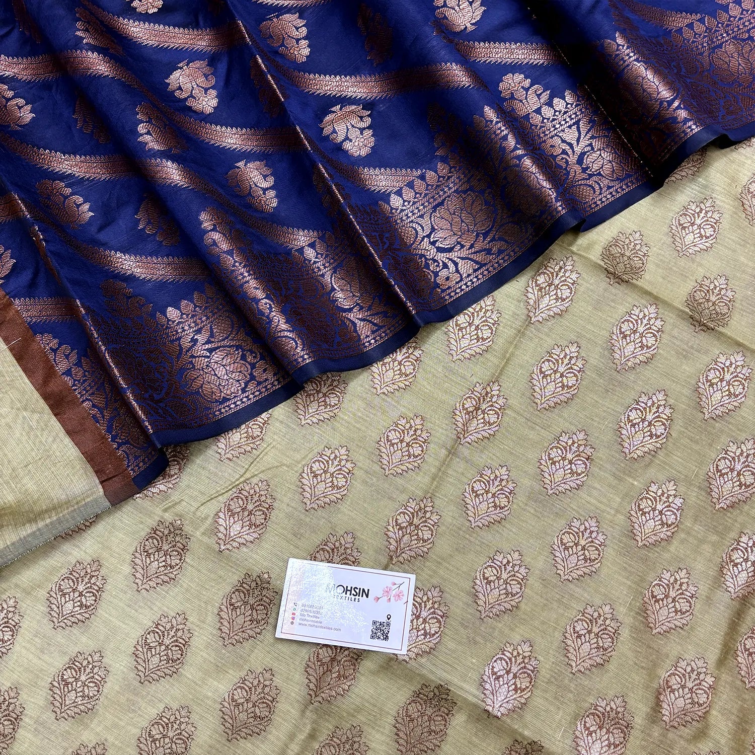 Pista and Navy Blue Banarasi Silk Suit