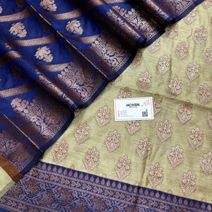 Pista and Navy Blue Banarasi Silk Suit