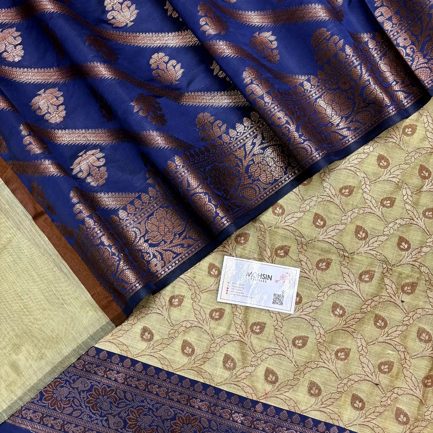 Pista and Navy Blue Patti Jaal Banarasi Silk Suit