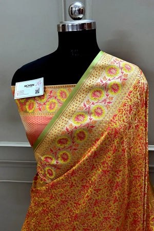 Pista and Peach Jungli Jaal Katan Silk Banarasi Saree