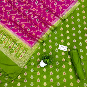 Pista and Pink Zari Katan Silk Banarasi Suit