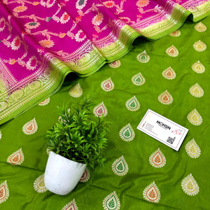 Pista and Pink Zari Katan Silk Banarasi Suit
