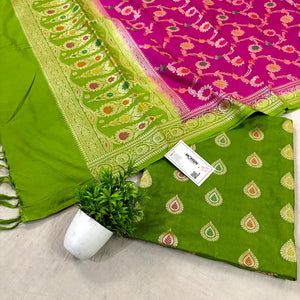 Pista and Pink Zari Katan Silk Banarasi Suit