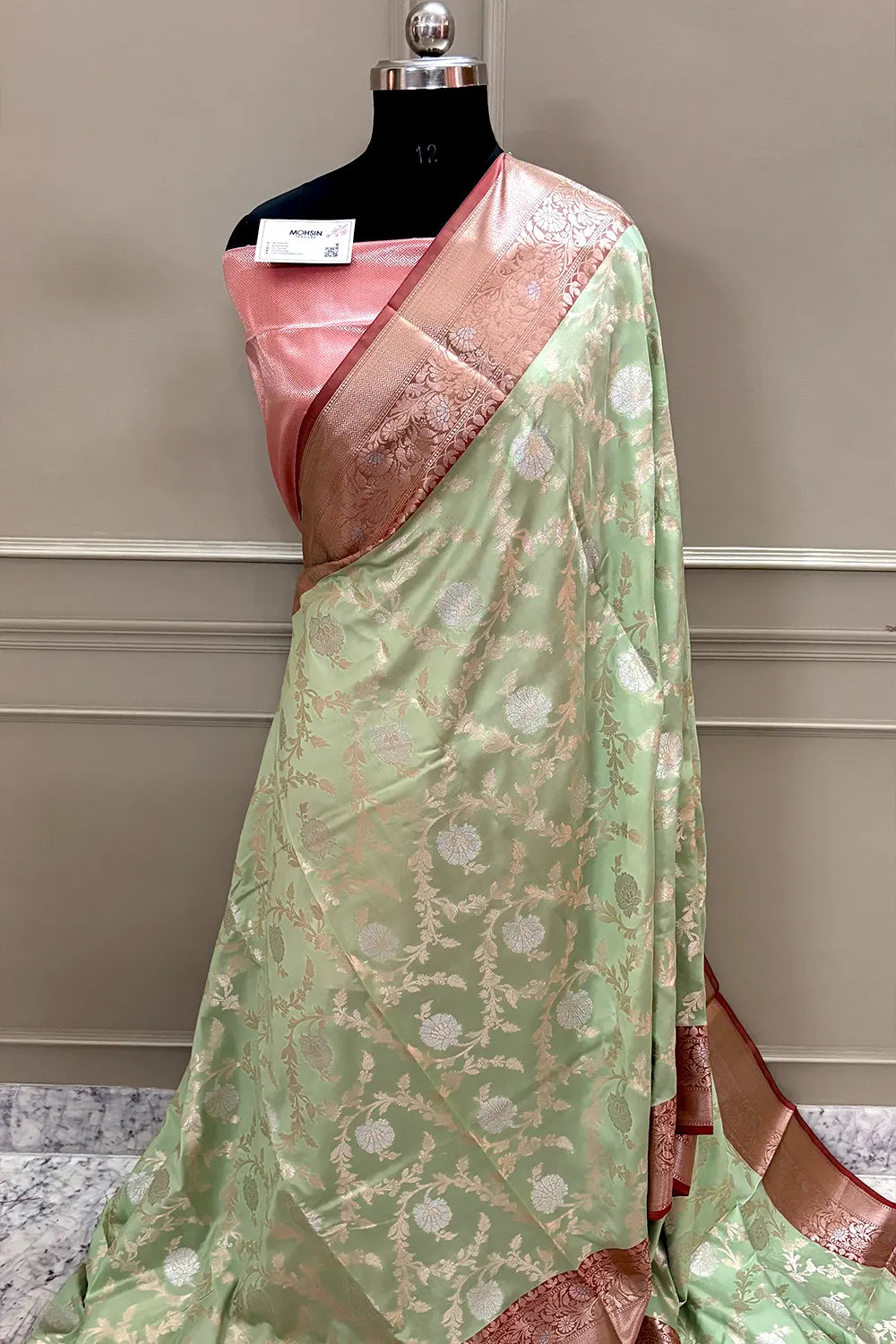 Light Pista and Red Zari Banarasi Silk Saree