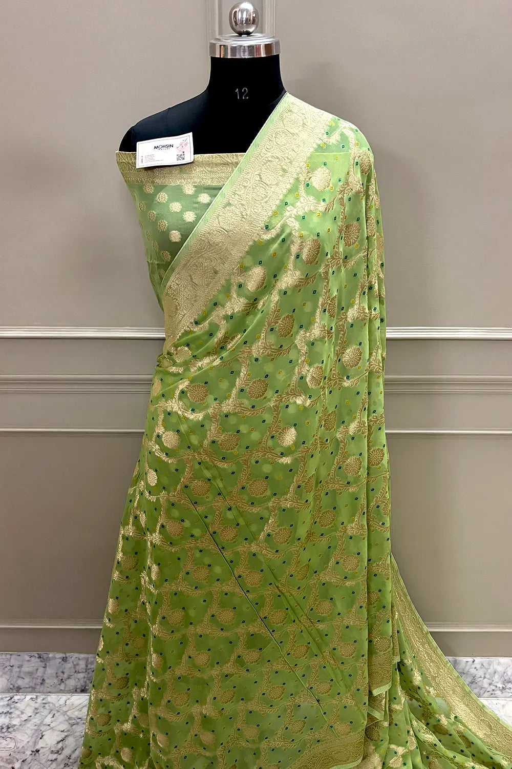 Pista Bandhej Georgette Silk Banarasi Saree