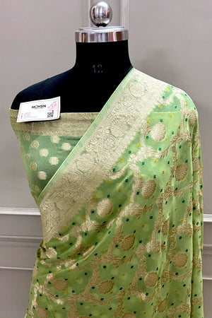 Pista Bandhej Georgette Silk Banarasi Saree