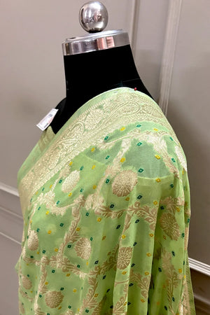 Pista Bandhej Georgette Silk Banarasi Saree