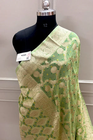 Pista Bandhej Georgette Silk Banarasi Saree