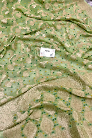 Pista Bandhej Georgette Silk Banarasi Saree
