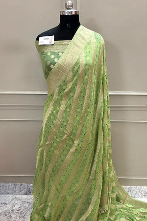 Pista Bandhej Georgette Silk Banarasi Saree