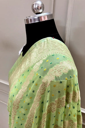 Pista Bandhej Georgette Silk Banarasi Saree