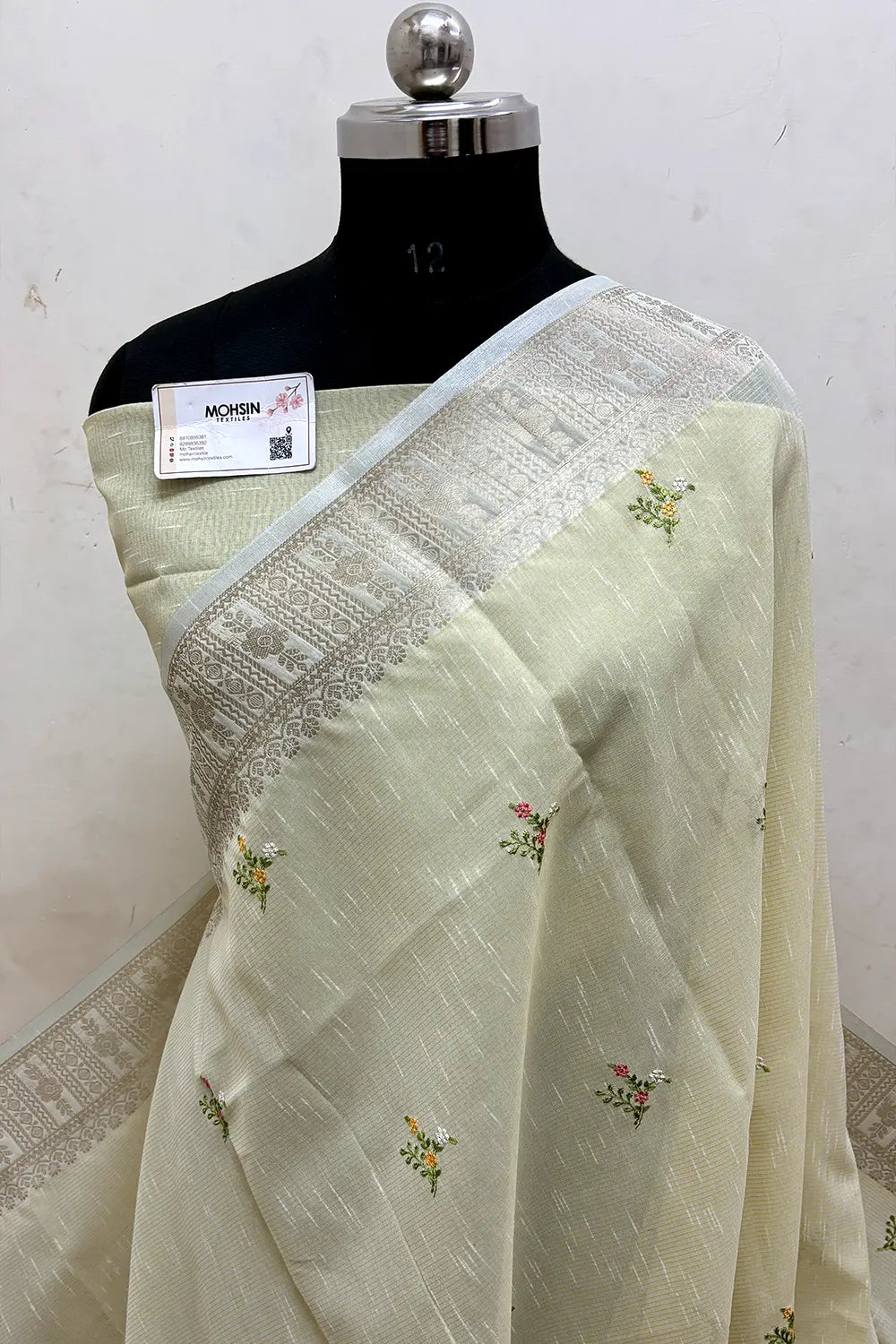 Pista Embroidery Lilen Silk Banarasi Saree
