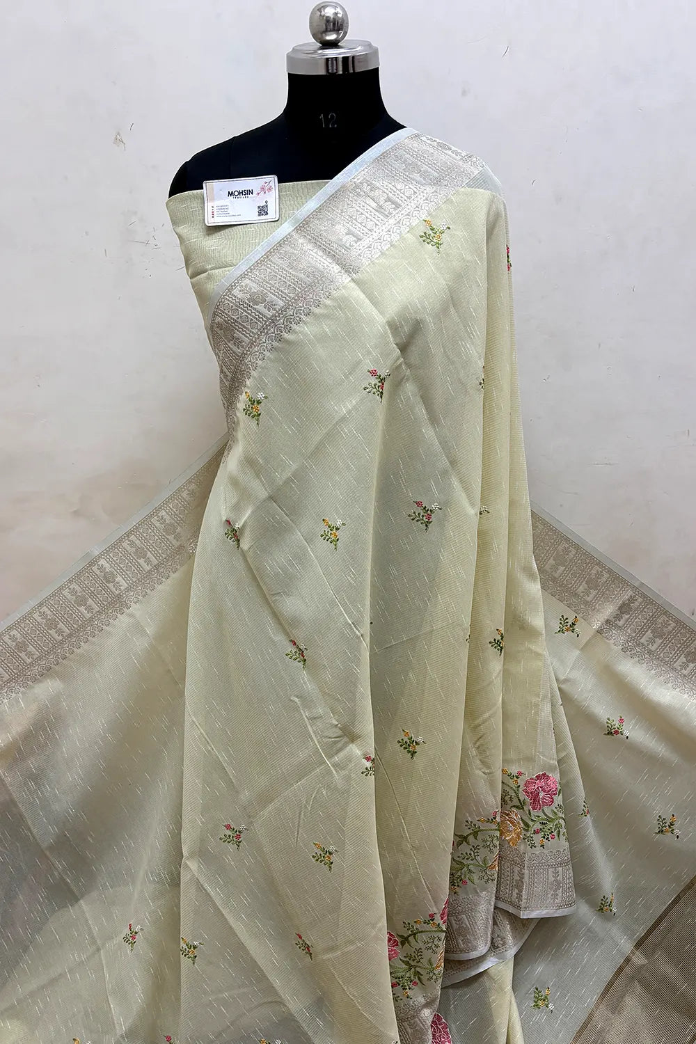 Pista Embroidery Lilen Silk Banarasi Saree