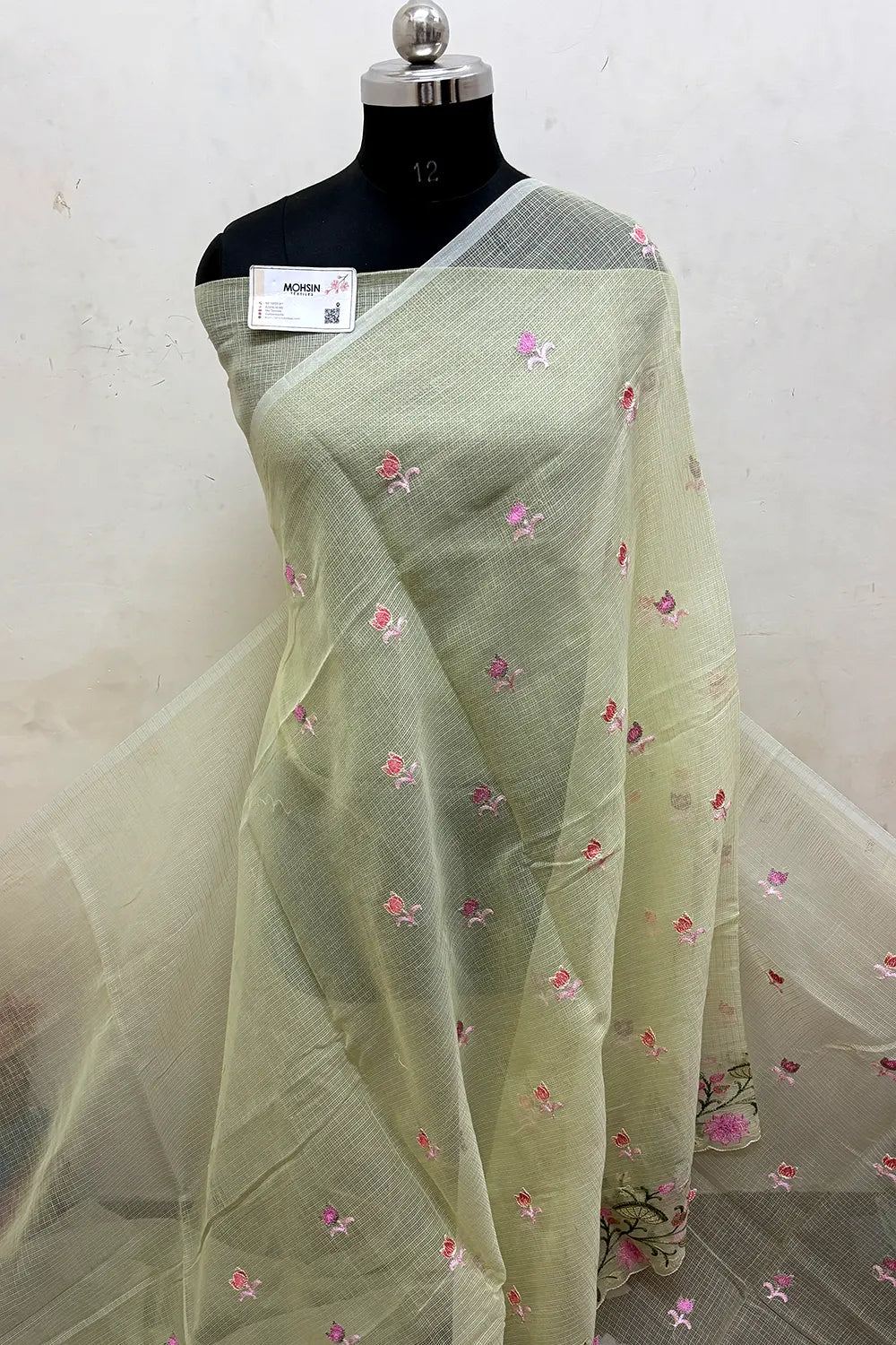Pista Embroidery Lilen Silk Banarasi Saree
