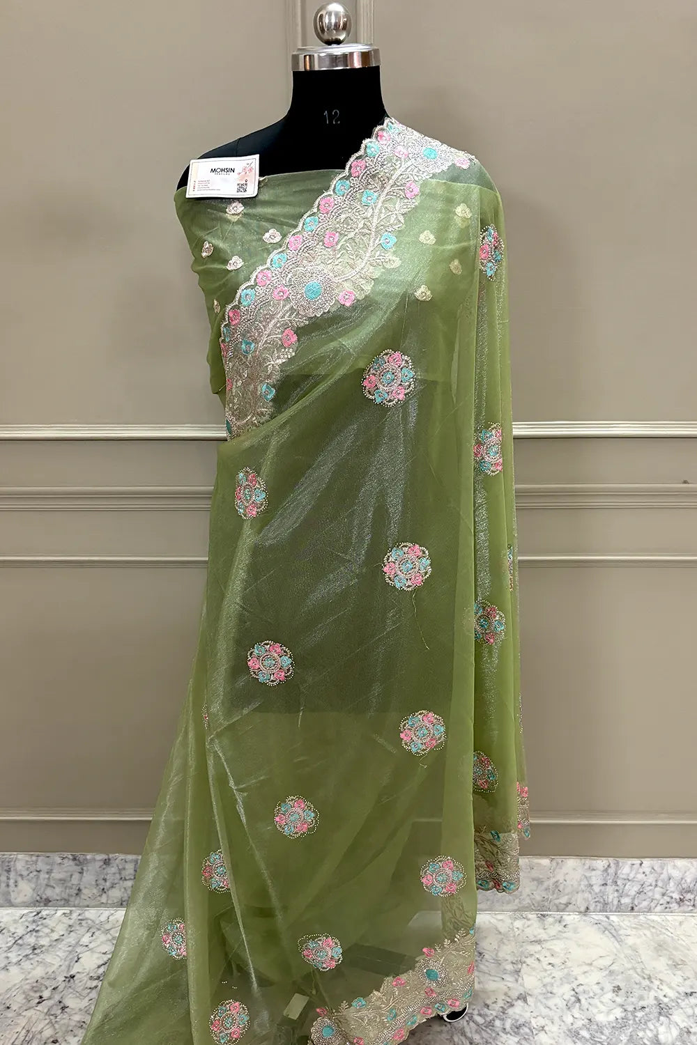 Pista Embroidery Swarovski Brasso Net Saree