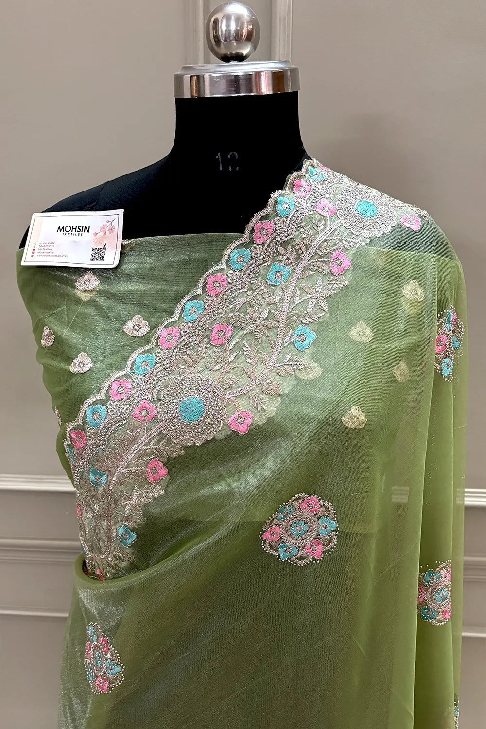 Pista Embroidery Swarovski Brasso Net Saree