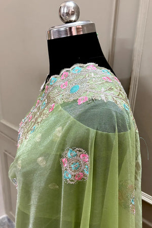 Pista Embroidery Swarovski Brasso Net Saree