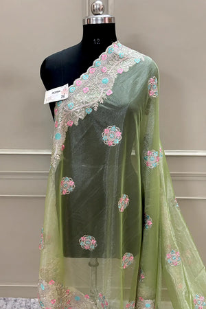Pista Embroidery Swarovski Brasso Net Saree