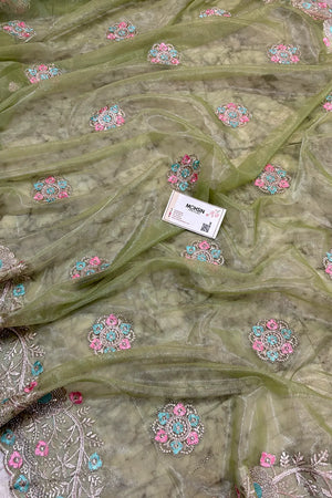 Pista Embroidery Swarovski Brasso Net Saree