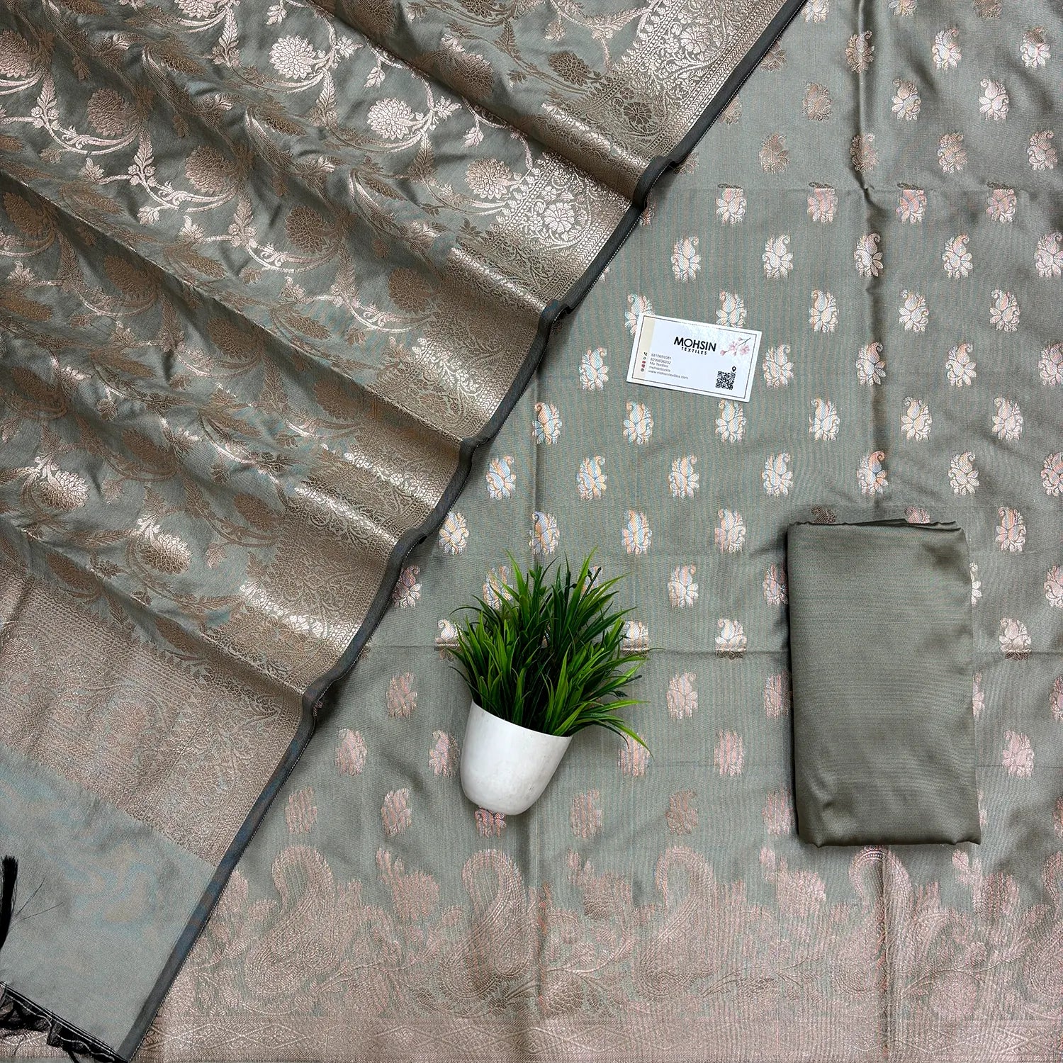 Pista Grey Godzilla Semi Katan Silk Banarasi Suit