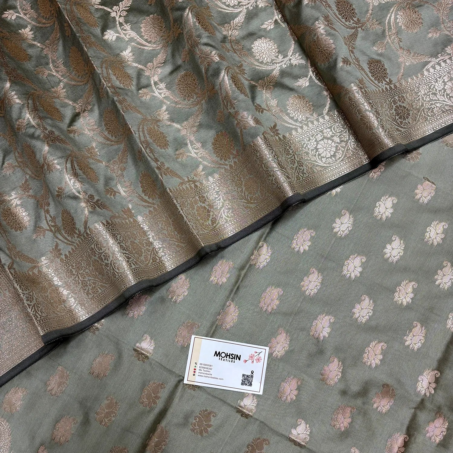 Pista Grey Godzilla Semi Katan Silk Banarasi Suit