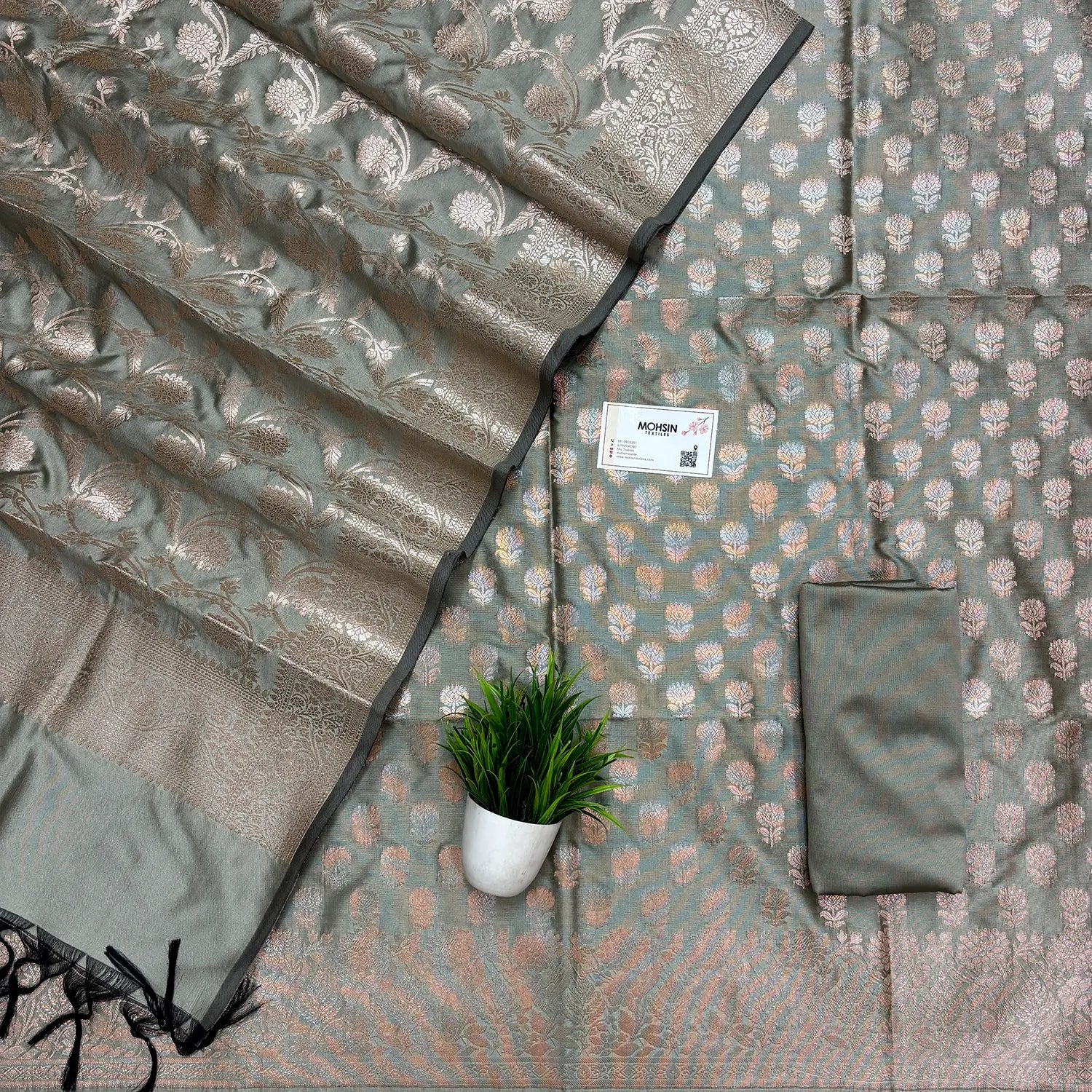 Pista Grey Sunflower Semi Katan Silk Banarasi Suit