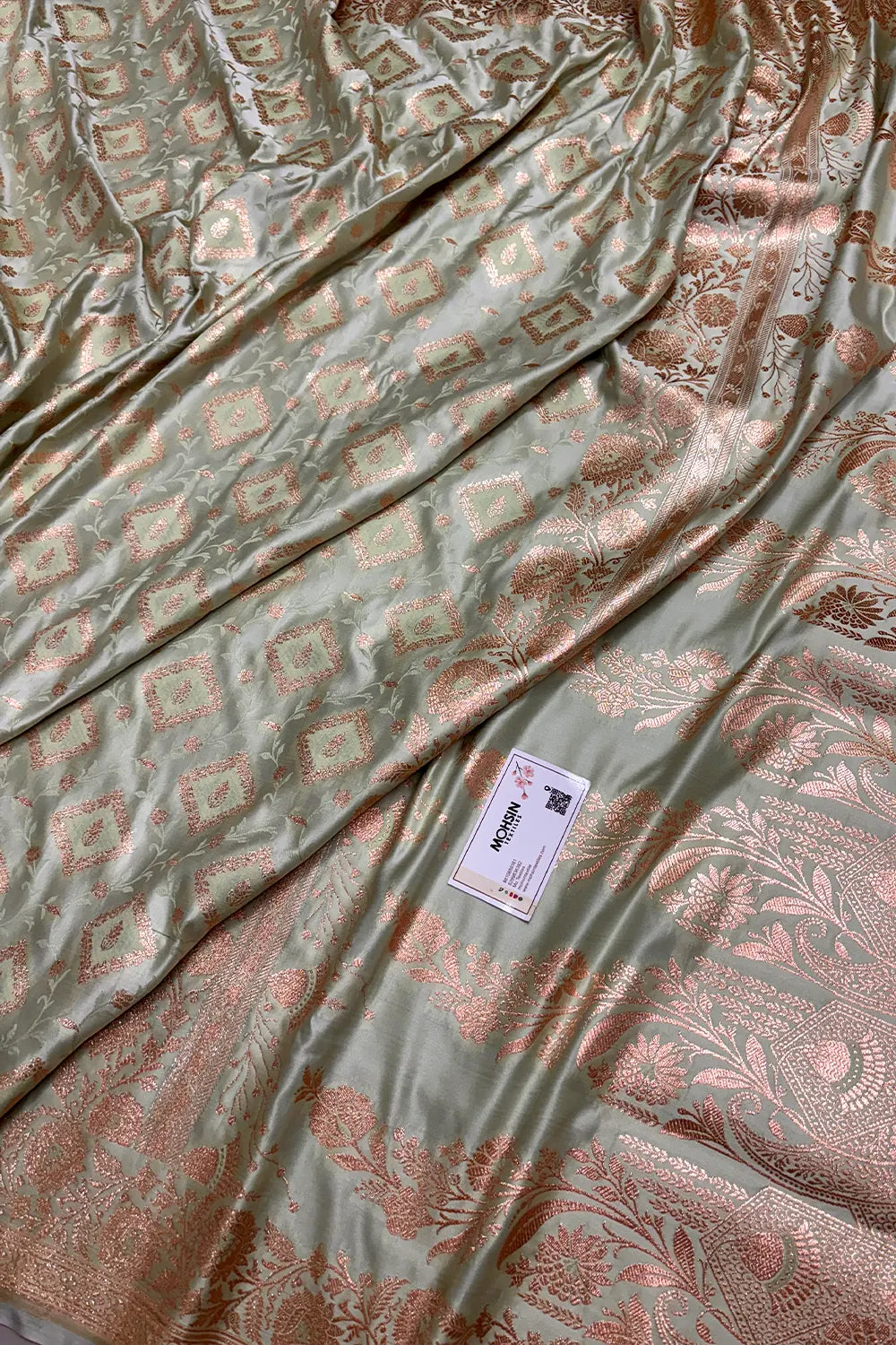 Pista Heera Jaal Katan Mashru Silk Banarasi Saree