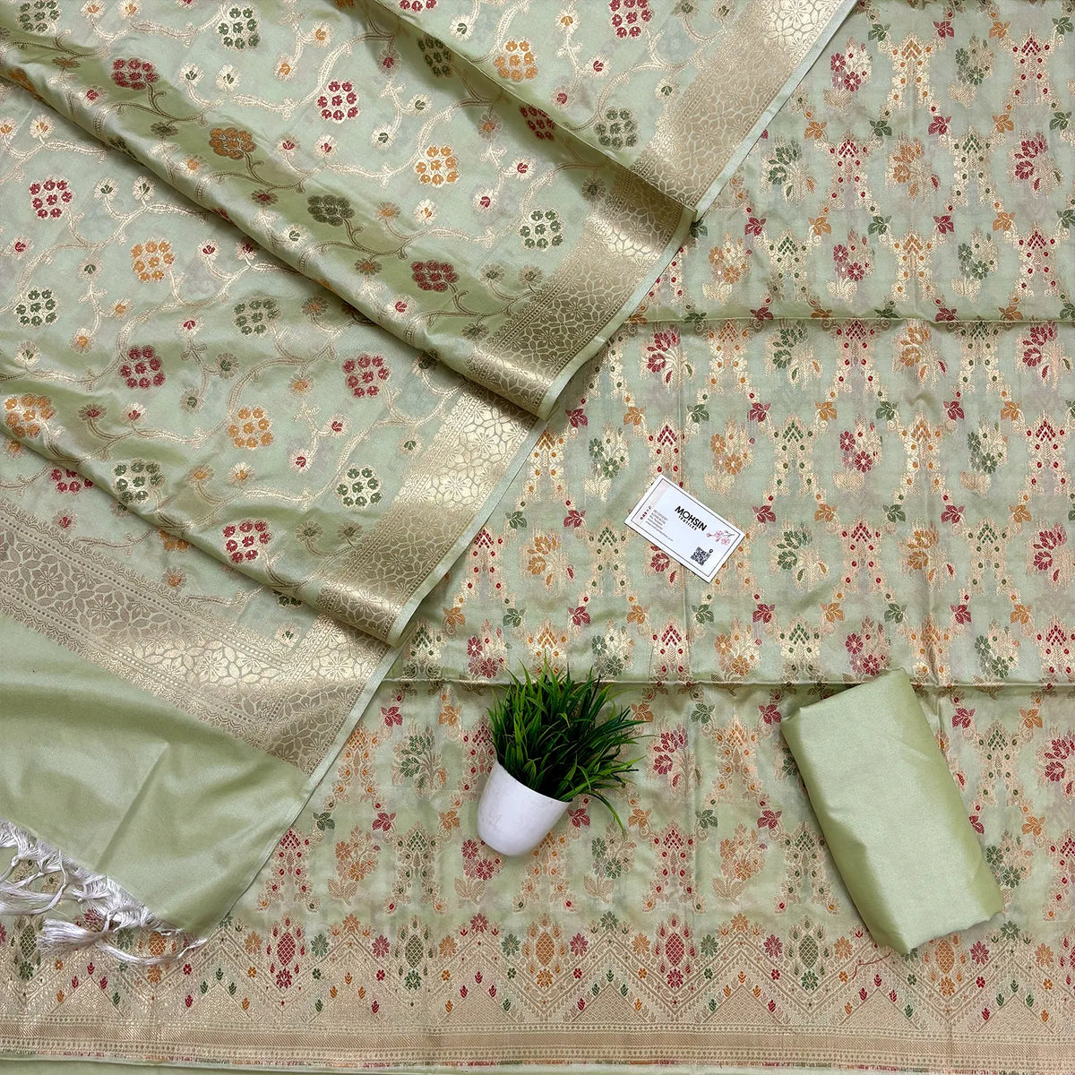 Pista Meenakari Katan Silk Banarasi Suit