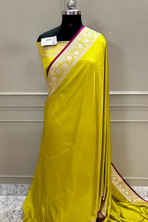 Pista Plain Zari Border Katan Silk Banarasi Saree