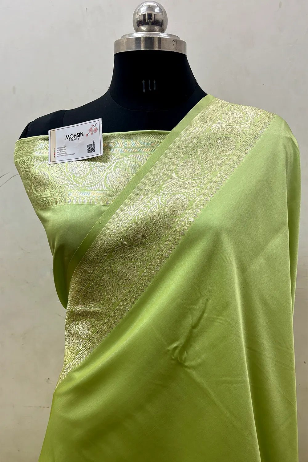 Pista Royal Plain Katan Satin Silk Banarasi Saree