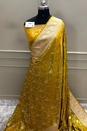 Bottle Green Suhani Jaal Katan Mashru Silk Banarasi Saree