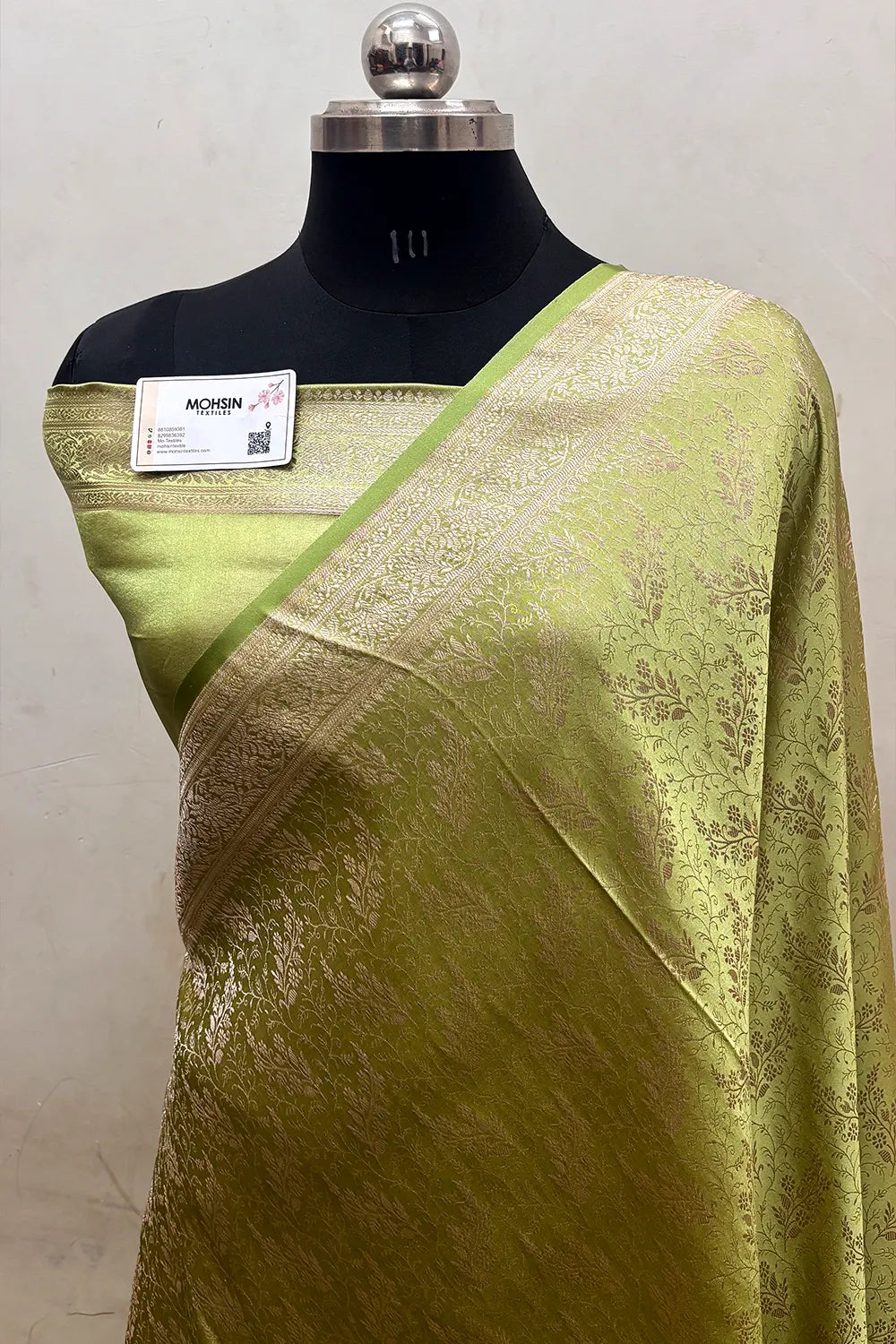 Pista Zari Katan Jamdani Silk Banarasi Saree