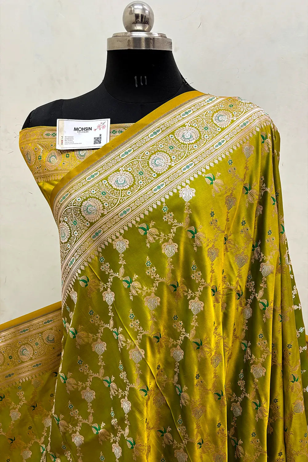 Pista Zari Katan Mashru Silk Banarasi Saree