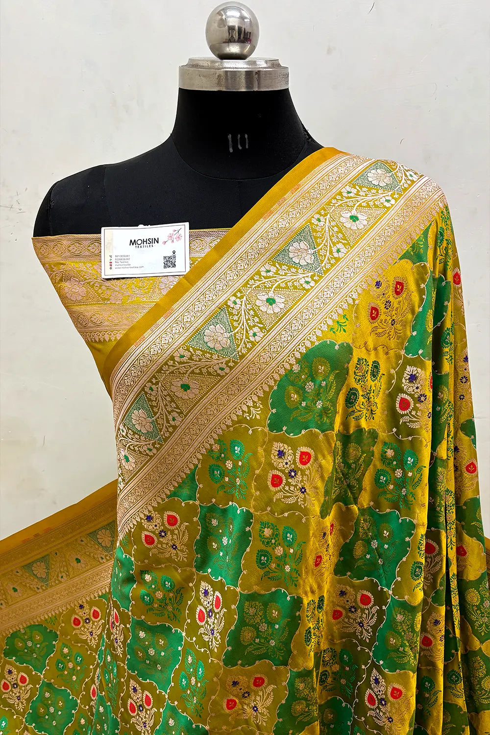 Pista Zari Katan Mashru Silk Banarasi Saree