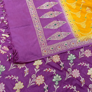 Plum Purple and Yellow Zari Katan Silk Banarasi Suit