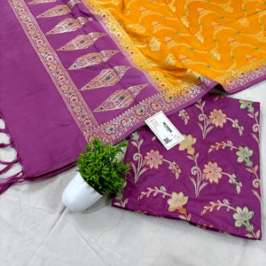 Plum Purple and Yellow Zari Katan Silk Banarasi Suit