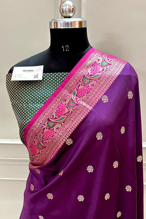 Purple and Bottle Green Buti Banarasi Silk Saree