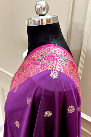 Purple and Bottle Green Buti Banarasi Silk Saree