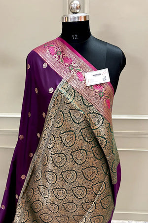 Purple and Bottle Green Buti Banarasi Silk Saree