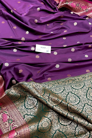 Purple and Bottle Green Buti Banarasi Silk Saree