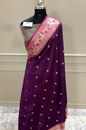 Purple and Bottle Green Buti Banarasi Silk Saree
